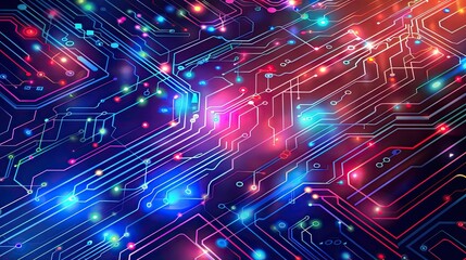Obraz premium A colorful electronic circuit board with many small lights. The board is very busy and has many different colors
