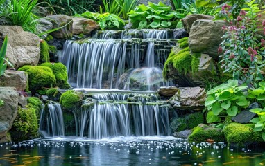 Lush waterfall cascading over mossy rocks into a serene pool.