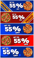 55 OFF, 5 discount coupons for purchasing pizzas, blue and red.