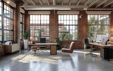 Modern office with exposed brick, large windows, and sleek furnishings.
