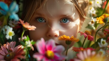 A girl with blue eyes framed by a vibrant wreath of summer flowers. AIG50