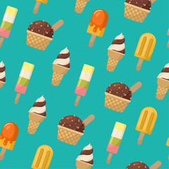 Hand drawn seamless vector pattern with different types of ice-cream. Summer background illustration. Popsicle, fruit ice and ice cream cones