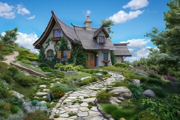 Charming cottage-style home nestled on a hilltop, with stone pathways leading through a lush garden to a cozy