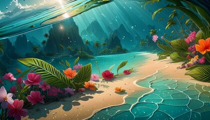 Floral Fantasy: Vibrant Leaves and Bubbling Waters in Digital Art