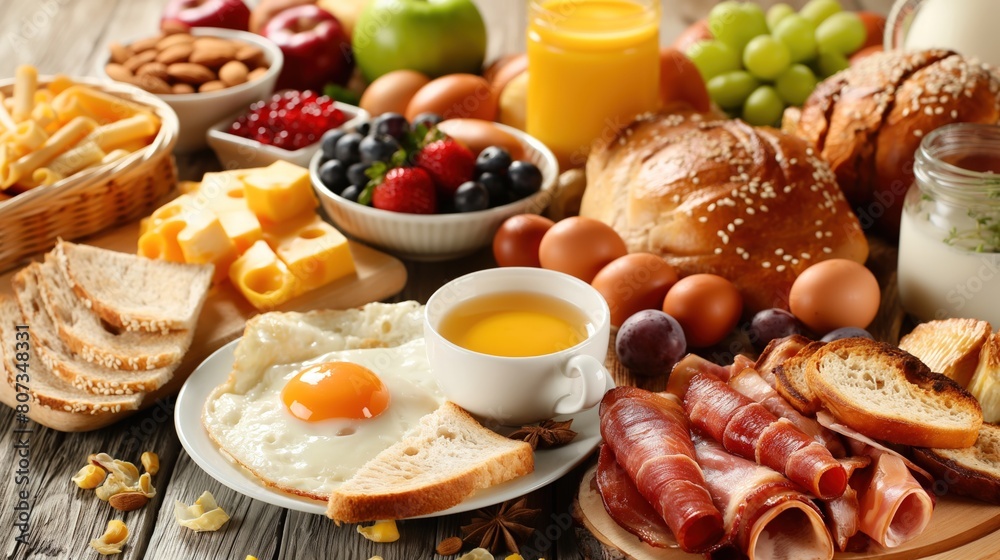 Wall mural various breakfast items arranged on a table