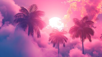 Palm trees silhouettes against clouds background. Summer vacation concept. Retrowave, synthwave, vaporwave aesthetics. Retro style, webpunk, retrofuturism. Illustration for design, poster, banner