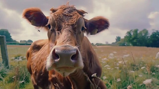 A brown color playful cow tossing its head with joy, 4K Hyper-Realistic High-Quality Video