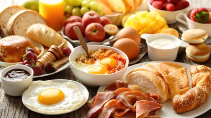 Various breakfast items displayed on a table