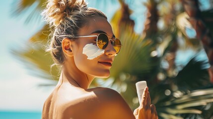 Young woman applying sun cream or sunscreen on her tanned shoulder to protect her skin from the sun, concept: Skin protection, skin cancer, copy and text space,  16:9