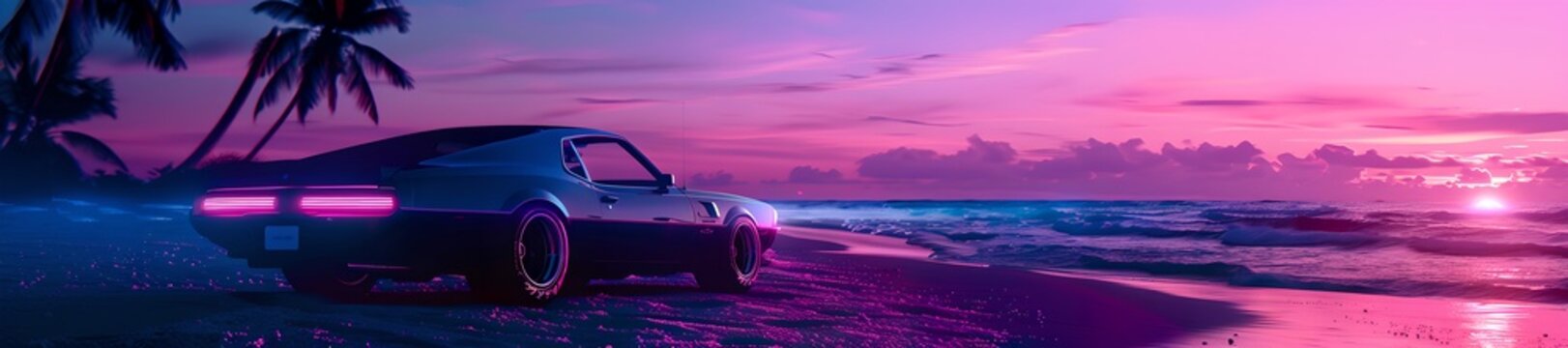 Fototapeta Retro car on tropical beach background. Summer vacation concept. Retrowave, synthwave, vaporwave aesthetics. Retro style, webpunk, retrofuturism. Illustration for design, banner with copy space