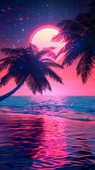 Tropical beach with palm trees background. Summer vacation concept. Retrowave, synthwave, vaporwave aesthetics. Retro style, webpunk, retrofuturism. Illustration for design, poster, wallpaper