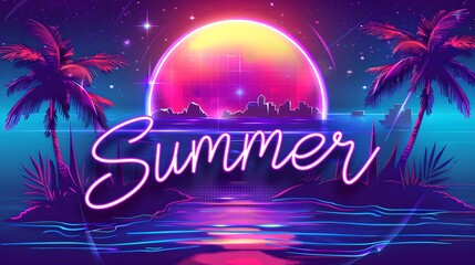 Tropical beach with summer greeting background. Welcome summer text. Retrowave, synthwave, vaporwave aesthetics. Retro style, webpunk, retrofuturism. Illustration for design, print, poster