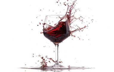 Red wine splashing dramatically from a glass against a white background.