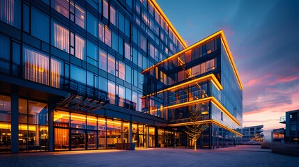 An 8K realistic image of a modern hotel facade at dusk, with illuminated windows and a sleek,...