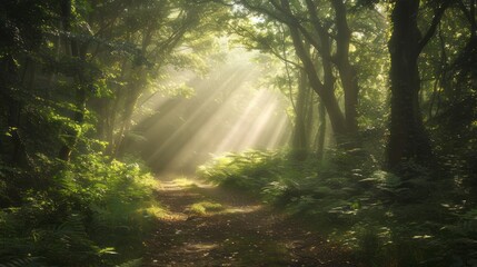 Obraz premium Sunlight Filtering Through A Dense Woodland Trail Image.