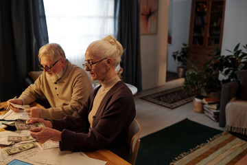 Senior woman in eyeglasses and cardigan sitting by table in spacious living room and counting money while her husband reading document