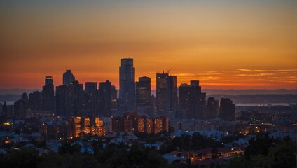 Evening Skyline, City Silhouetted Against the Setting Sun