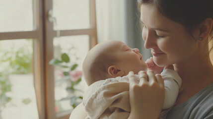 Mulher feliz com seu bebe no colo em casa - wallpaper HD - obrazy, fototapety, plakaty