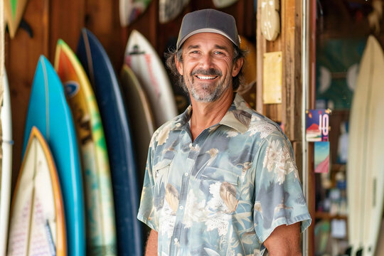 Shredding Waves: A Portrait of a Surfboard Shop Owner in Beach Casual Wear on the Boardwalk - Powered by Adobe