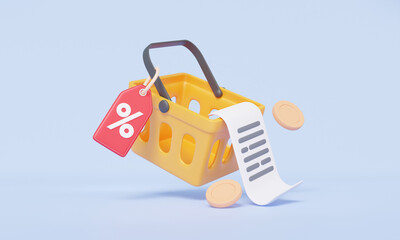 Yellow baskets online e-commerce voucher marketing concept. promotion coupons percent discount price tag receipt bill, money payments coins refund, cashback. 3d render illustration