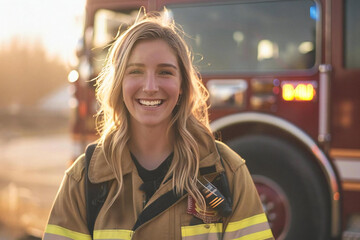 Fototapeta premium Courage in Uniform: Female Firefighter Ready to Serve