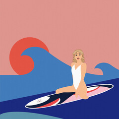 Girl Surfing In The Sea. Blond Girl surfing