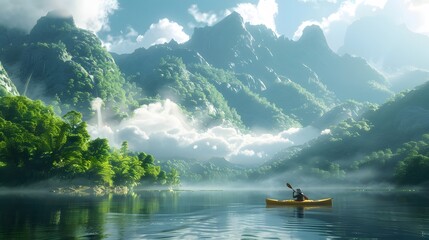 An 8K realistic wallpaper of a couple kayaking together on a serene mountain lake, surrounded by lush green forests and misty mountains. - Powered by Adobe