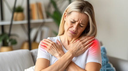 caucassian woman suffering from shoulder pain at home - muscle aches and joint pain concept