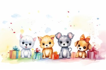 Watercolor illustration of cute dogs with birthday gifts. Greeting birthday card, poster, banner for children