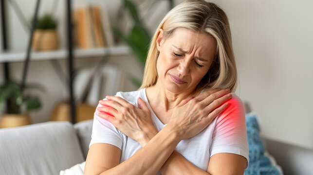 caucassian woman suffering from shoulder pain at home - muscle aches and joint pain concept