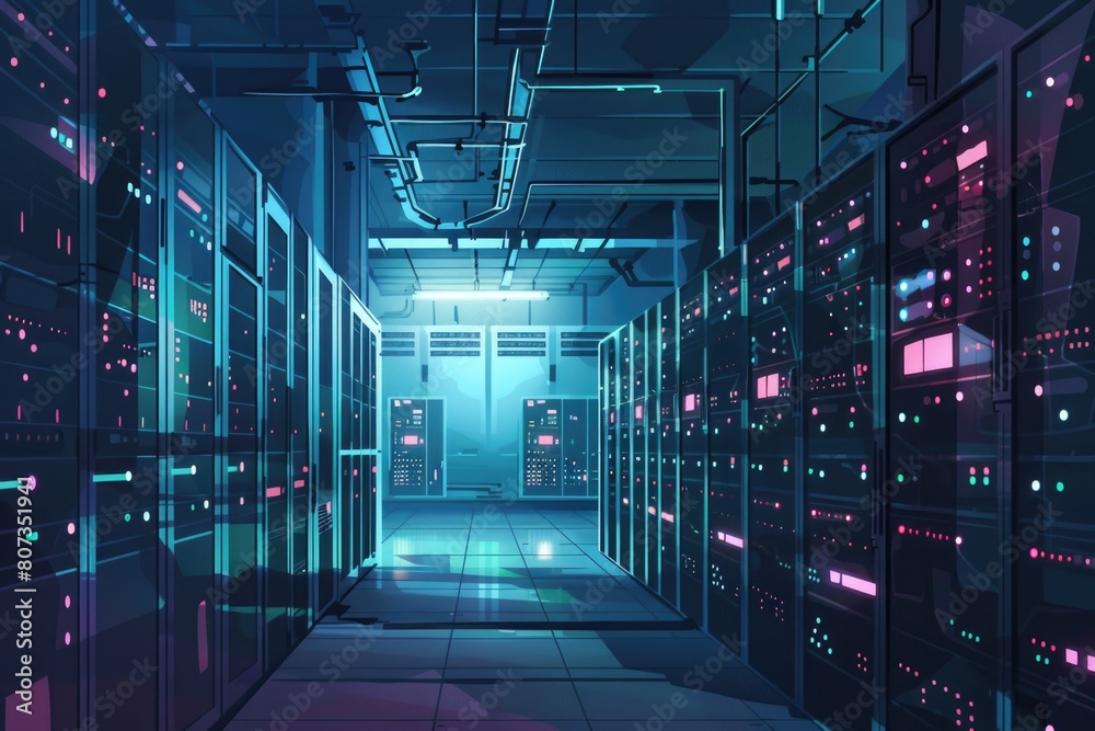 Poster a busy server room filled with various computer equipment. ideal for technology and data center conc