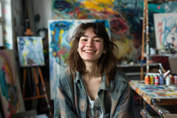 The Artistic Journey: Portrait of a Smiling Female Artist in Her Studio