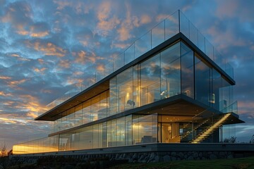 Fototapeta premium Contemporary glass house on a hill, maximizing the unobstructed views of the sky and landscape.