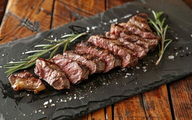 Sliced grilled steak on slate with rosemary and tongs on a dark wooden background.