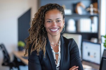 Obraz premium Winning Smile: Portrait of a Female Sports Agent in Her Office
