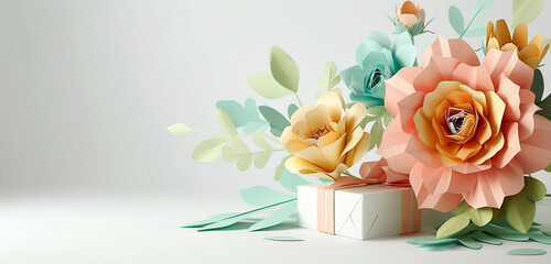 Graceful paper-cut flowers by a gift, against a clean white backdrop, ready for heartfelt Mother's Day messages.
