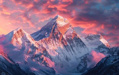 Fototapeta na wymiar Snow-capped mountains under a glowing pink sunset sky.