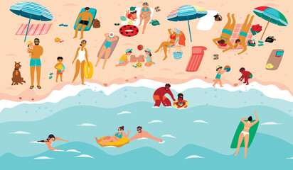 Summer vacation cartoon illustration with people relaxing on the sea beach.Families with children, young couples, women and men.Vector design with sunbathing, swimming and playing characters.
