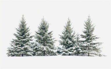 Snow-dusted evergreen trees isolated against a white backdrop.