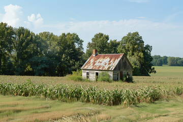 Fototapeta premium farmhouse in a cornfield, minimalistic style
