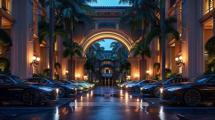An 8K wallpaper of a luxury hotel entrance with a grand porte-coch??re, valets in uniform, and a...
