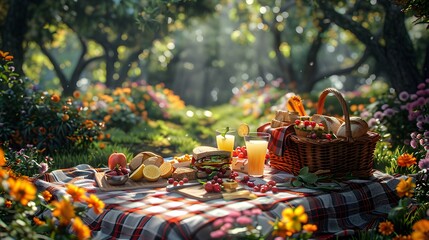 An 8K wallpaper of a picnic basket filled with summer treats like sandwiches, fresh berries, and lemonade, laid out on a checkered blanket in a lush park.