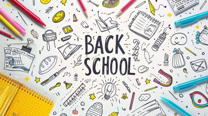 A vibrant and playful illustration featuring a variety of school supplies, emphasizing a fun back-to-school theme.