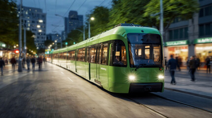 Electric green tram driving in city downtown in the evening, motion blur. Eco friendly sustainable public transport