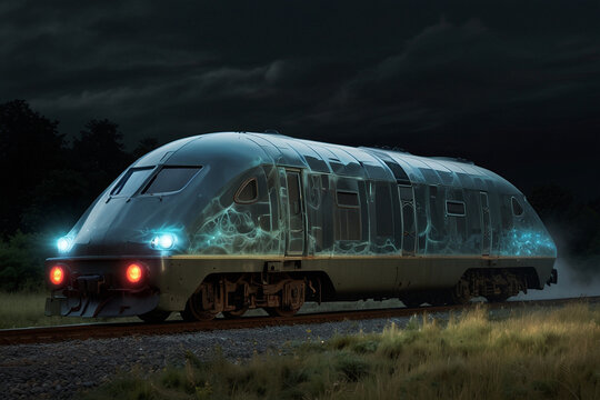 close-up of a ghost train shrouded in fog and mystery