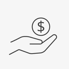 Save money line icon. Hand holding dollar. Salary, investing, banking, finance. Vector illustration