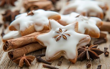 Star-shaped cinnamon cookies with icing, nestled among cinnamon sticks and a star anise.