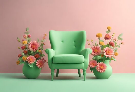 sof&aacute; y floreros verdes sobre un fondo de color rosado