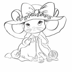 
Outline coloring: a mouse in a big hat is knitting