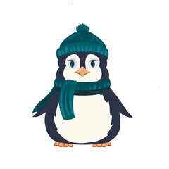 Sticker of a cute penguin with a green scarf and hat